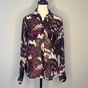 Guess Women's Purple White & Black Abstract Print Button Down Blouse, Size XS
